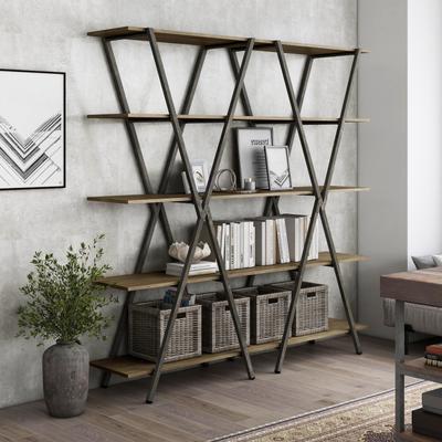 Furniture of America Leighton Industrial Oak and Gun Metal 5-Shelf Bookcase