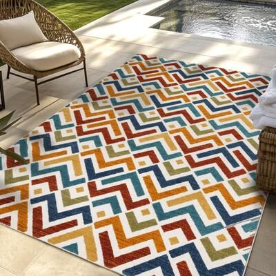 Gertmenian Kalari Modern Bold Multicolored High-Low UV Protected Polypropylene Woven Indoor/ Outdoor Area Rug Collection