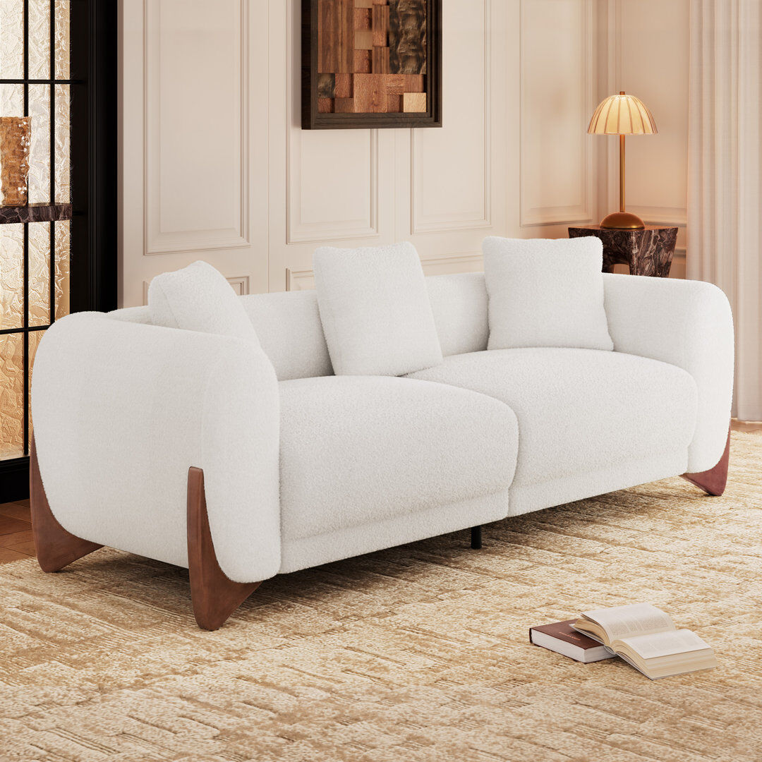 Metro Cloud Sherpa Upholstered Sofa with Wood Wedge Legs White 70cm H X 220.98cm W X 87.63cm D