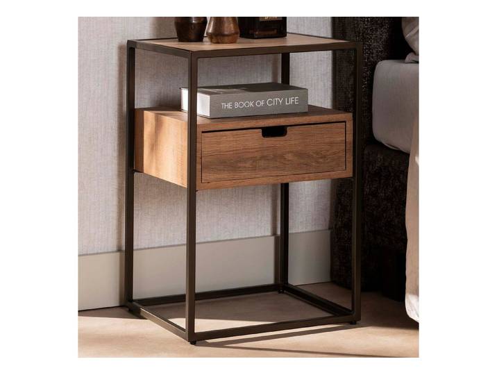 alesvelt Nachttisch CASSETTO TRAVERTIN Kubische Konsole mit Keramikplatte, offenem Fach (1-Tisch), 40x35x60cm, Travertin-Design, Eichenholzoptik