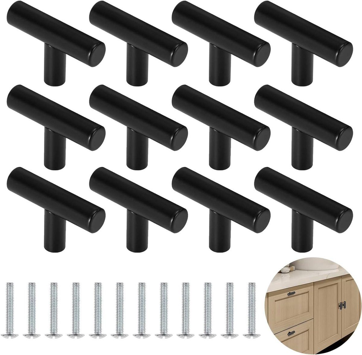 Set van 12 zwarte T-bar ladeknoppen van 46mm voor meubels en kasten