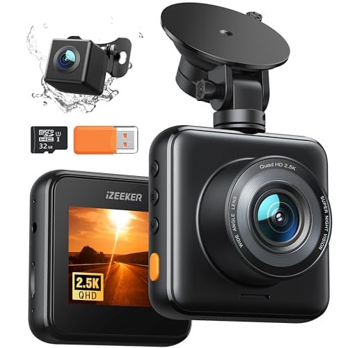 iZEEKER 2.5K Dashcam voor en achter met SD-kaart, 1440P autocamera met 170 graden groothoek, nachtzicht en 24H parkeermonitor