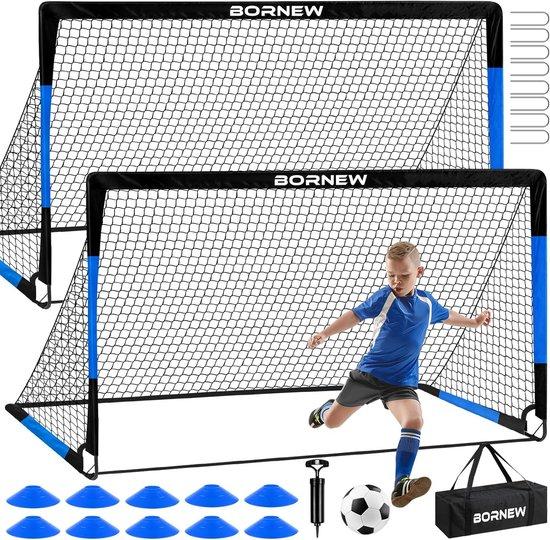 Famanu Fußballtor-Set mit 2 tragbaren Pop-up Toren - Kindertrainingsnetz für Garten und Freizeit, 180x120 cm