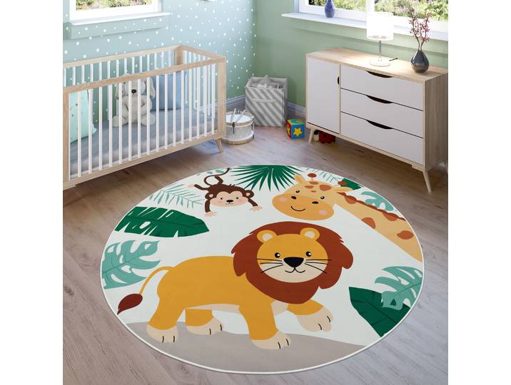 Kinderteppich PACO HOME Bino 582 , beige, H:4mm Ø:200cm, Polyester, Teppiche, Kinderteppich, Spielteppich, Motiv Tiere, Löwe & Giraffe, Kinderzimmer