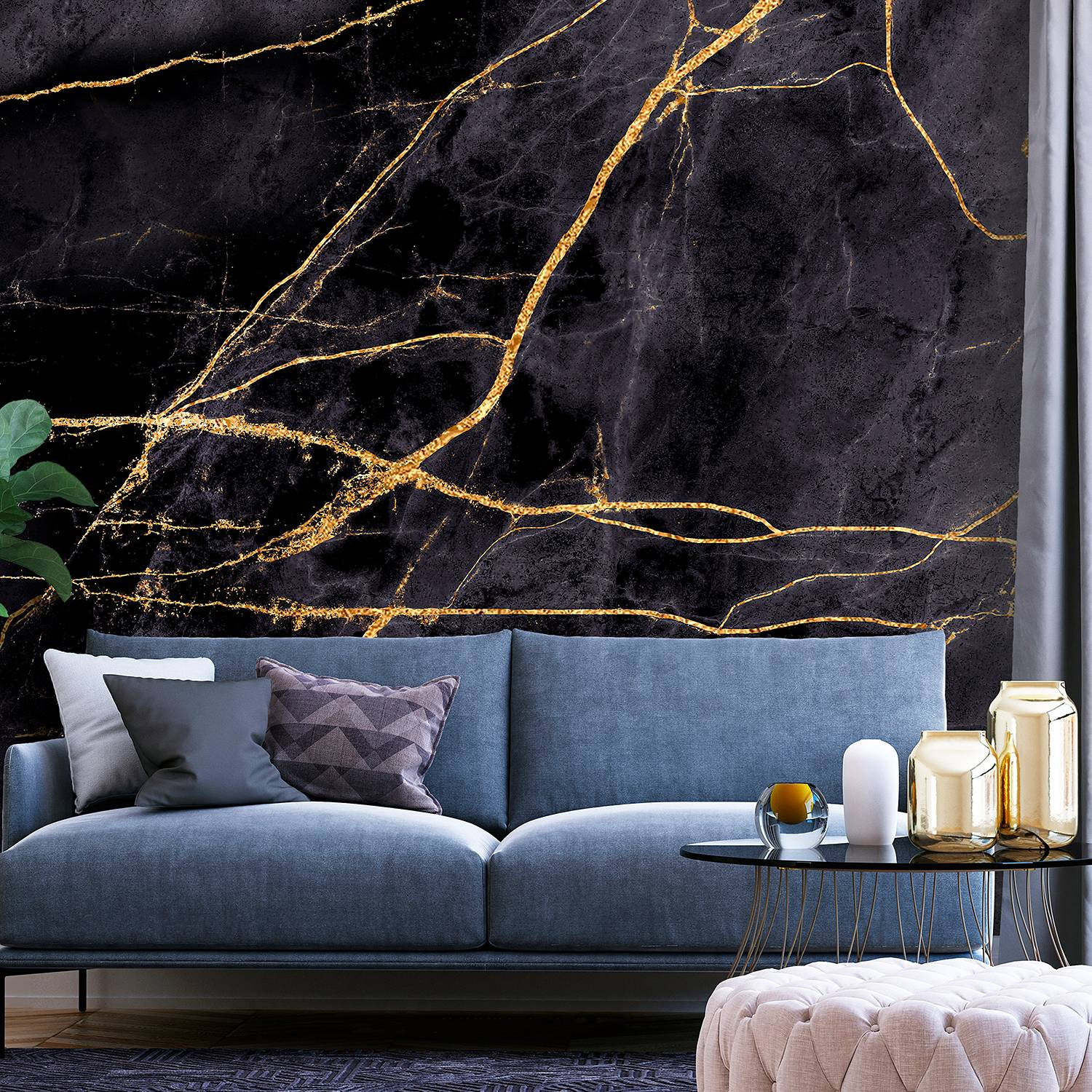 home24 Vlies-fotobehang Golden Paths Abstract Black Breedte: 100 cm, Hoogte: 70 cm