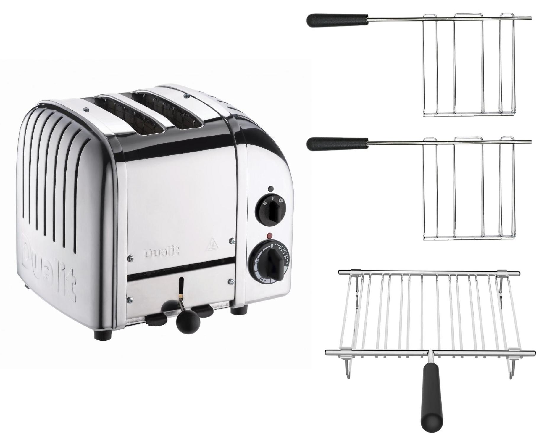 Dualit Toaster Paket 3, 2er Toaster mit Brötchenaufsatz und zwei Sandwichzangen poliertes Metall