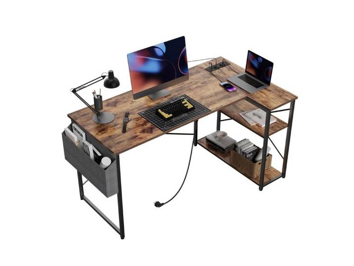 BEXEVUE Bureau d'angle avec Multiprise Intégrée - 120x70 cm Petit Table Ordinateur Forme L Marron
