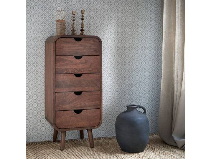 Chiffonnier en manguier teinté noyer 5 tiroirs Hanko