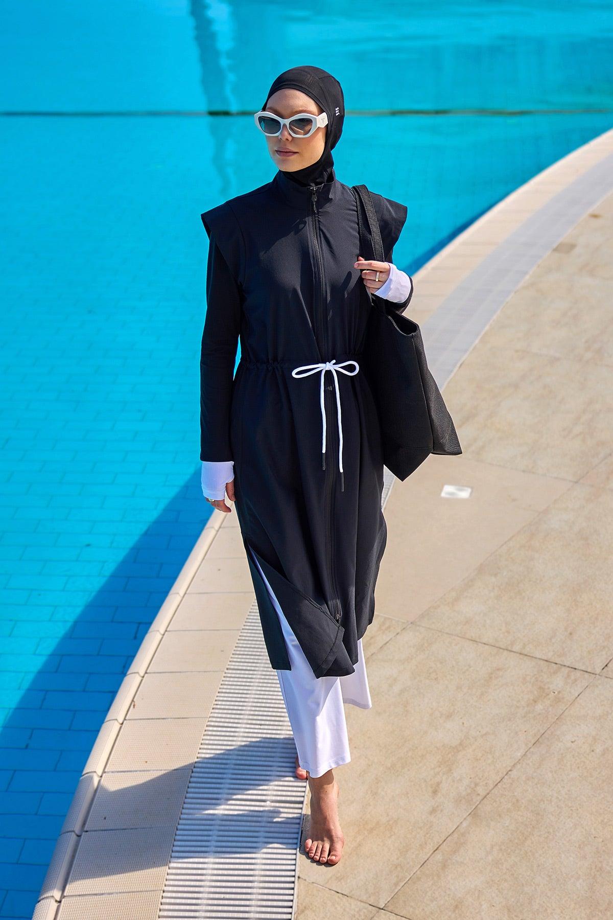 Zwarte islamitische badkleding Burkini-set met volledige dekking