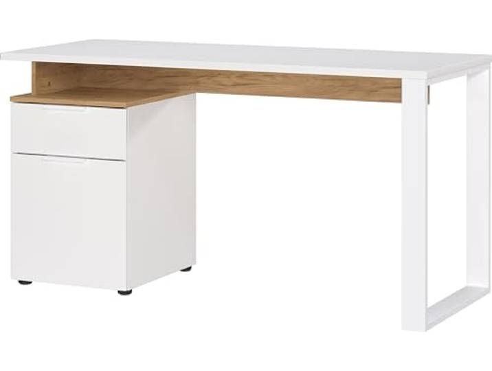 Germania Schreibtisch 5999-633 GW-HASSELT, in Weiß/Navarra-Eiche-Nb., Gespiegelt montierbar, FSC-Zertifiziert, 140 x 74 x 61 cm (BxHxT)