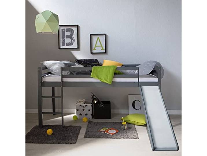 Homestyle4u Kinderbett 90x200 Grau Hochbett mit Rutsche & Lattenrost Massives Kiefernholz, stabiles Bettgestell f1r Kinder, Leiter beidseitig montierbar, inklusive Rausfallschutz