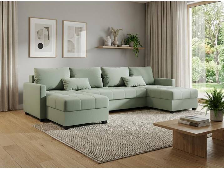 ANGEBOT Ausziehbares Ecksofa U VENORIA 285x146 cm, hellgrün + 2 Kissen GRATIS II. Wahl