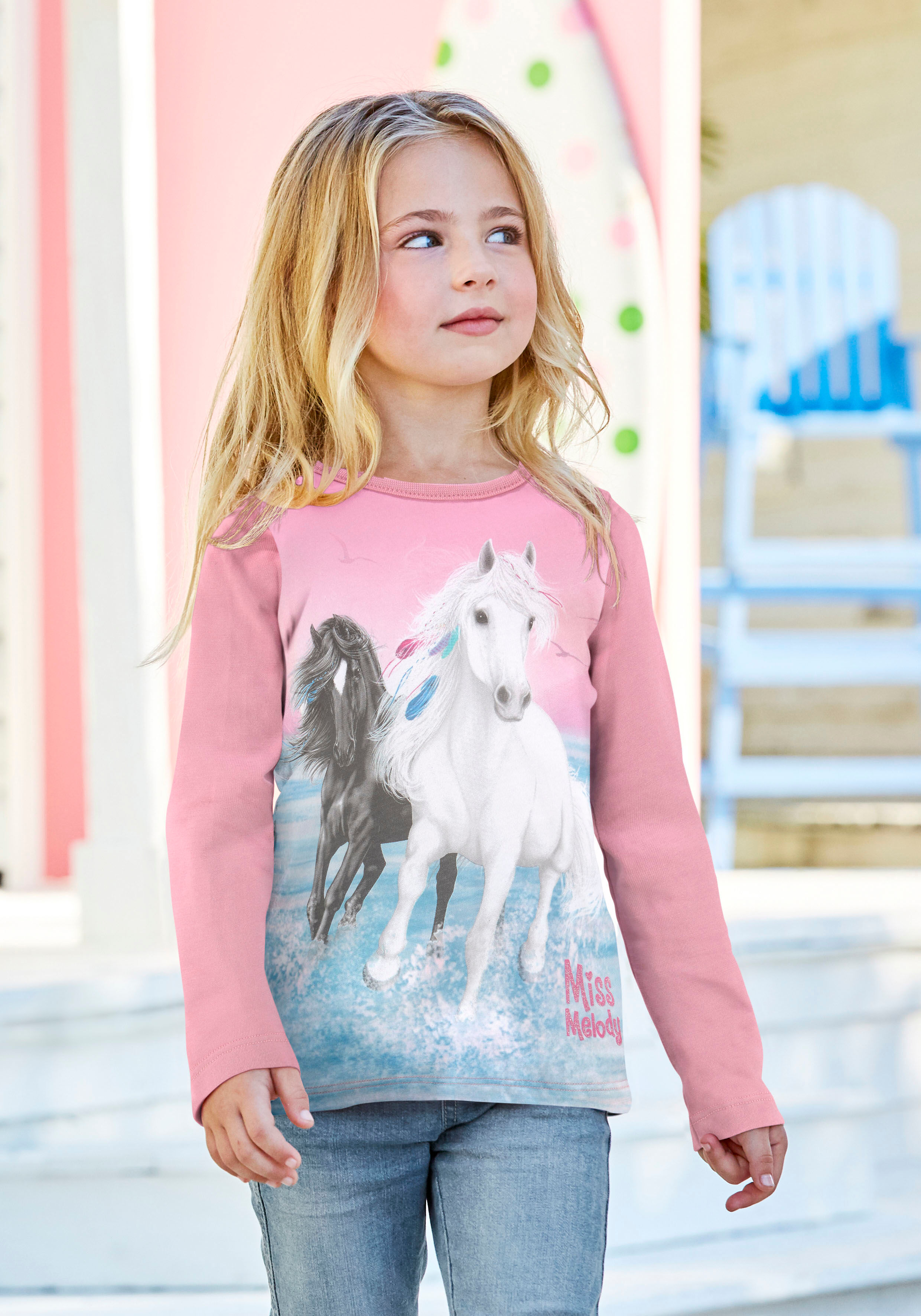 Langarmshirt MISS MELODY, Mädchen, Gr. 92/98, rosa, Jersey, Obermaterial: 100% Baumwolle, bedruckt, Basic hüftlang, Rundhals, abgesteppte Kante, Shirts Langarmshirt, mit schönem Pferdemotiv rosa 92/98