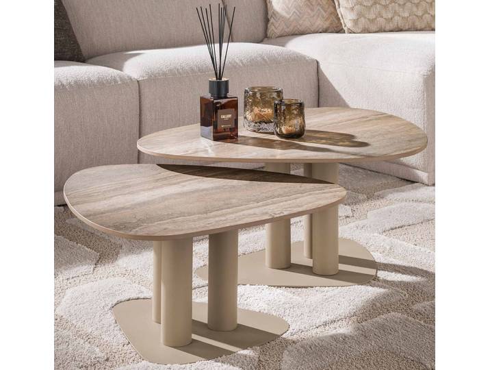Couchtisch Set Hulpe 2-teilig , dreieckig , 3D Keramik Travertin , Sand