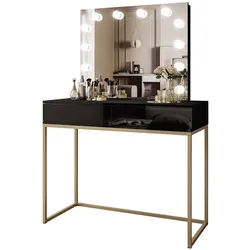 SCHMINKTISCH BLANCO GOLD ELITE mit Spiegel und Beleuchtung Schwarz Hochglanz PUSH OPEN