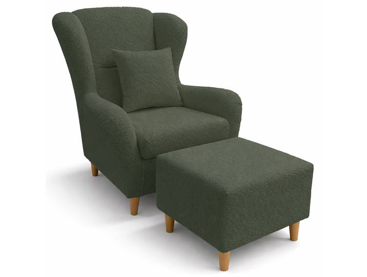 Ohrensessel Teddlo mit Fußhocker, grüner Chenille, Buchenbeine
