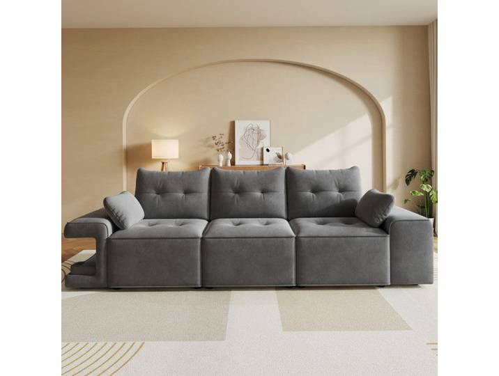Canapé Modulable 3 places accoudoirs larges rangements intégrés et espace dédié pour coussin pour animaux 2 coussins Velours gris