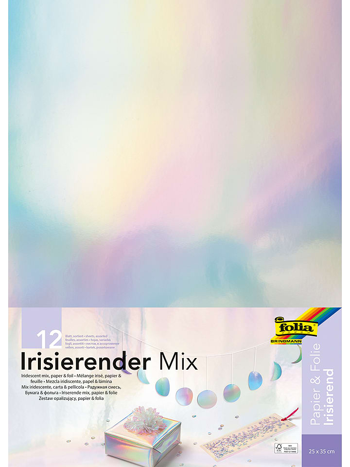 folia PAPER Materialmix "Irisierend" in Silber/ Bunt - 12 Blatt - (L)35 x (B)25 cm - onesize