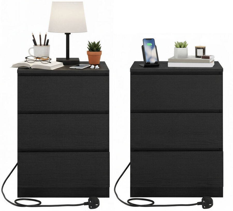 Brayden Studio Set of 2 Nightstands with Charging Station, Bedside Tables, Side End Tables with 3 Drawers, for Bedroom Black 59cm H X 40cm W X 35cm D