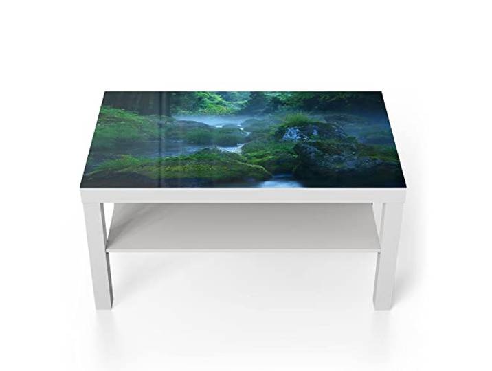 DEQORI Glastisch weiß groß 90x50 cm Motiv Wasserquelle im Wald ausgefallener Beistelltisch aus Glas Hochglanz Couchtisch fürs Wohnzimmer moderner Couch Tisch mit Design