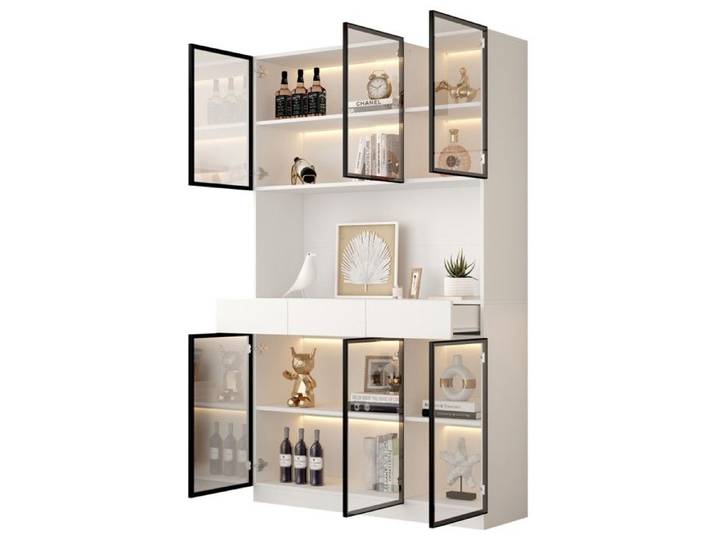 Vitrine 120x32x200cm Blanche Avec LED Bibliothèque Multi-rangements Pour Collections Cadre Blanc Et Noir Pour Salon Et Bureau