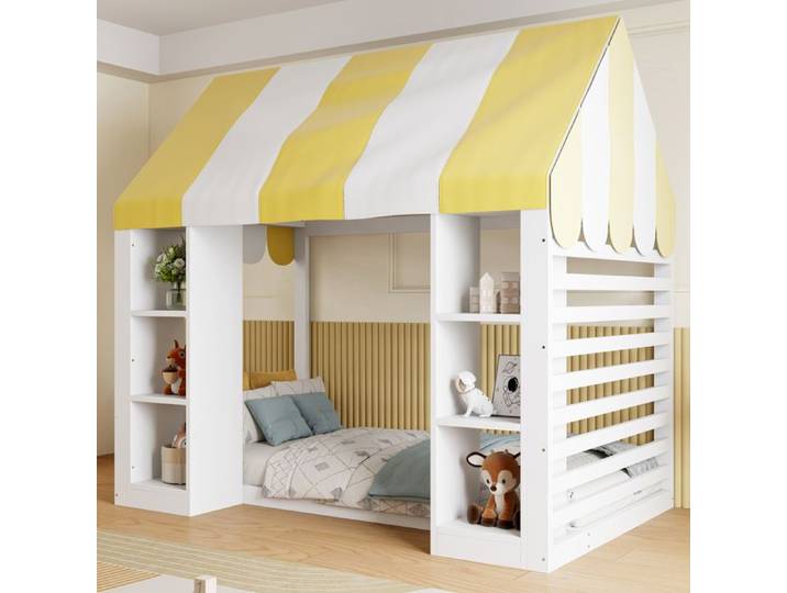 Lit mezzanine 90x200 cm lit enfant rangement baldaquin bois blanc