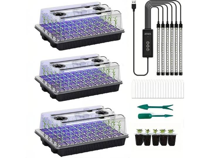 Lot de 3 plateaux de semis à 120 cellules avec 6 lampes LED de culture, minuteur intelligent 3 modes, kit de germination pour serre intérieure pour jardinier amateur