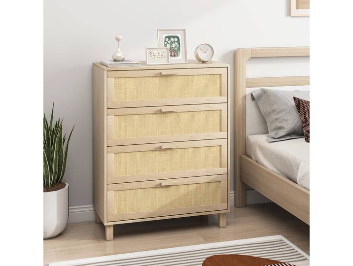 HOMCOM Commode 4 Tiroirs Rotin Bois Clair 80x40x103 cm