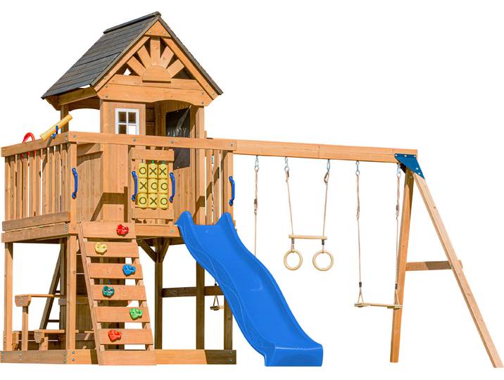 AXI Jack Spielturm aus Holz in Braun mit Doppelschaukel Spielplatz für Kinder mit blauer Rutsche, Schaukel, Trapez, Kletterwand, Picknicktisch &