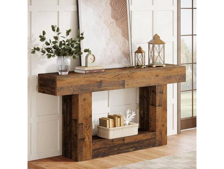 Finmind Table Console Rectangulaire 160 x 30 x 82 cm Table d'entrée 2 étages pour Salon Marron Rustique
