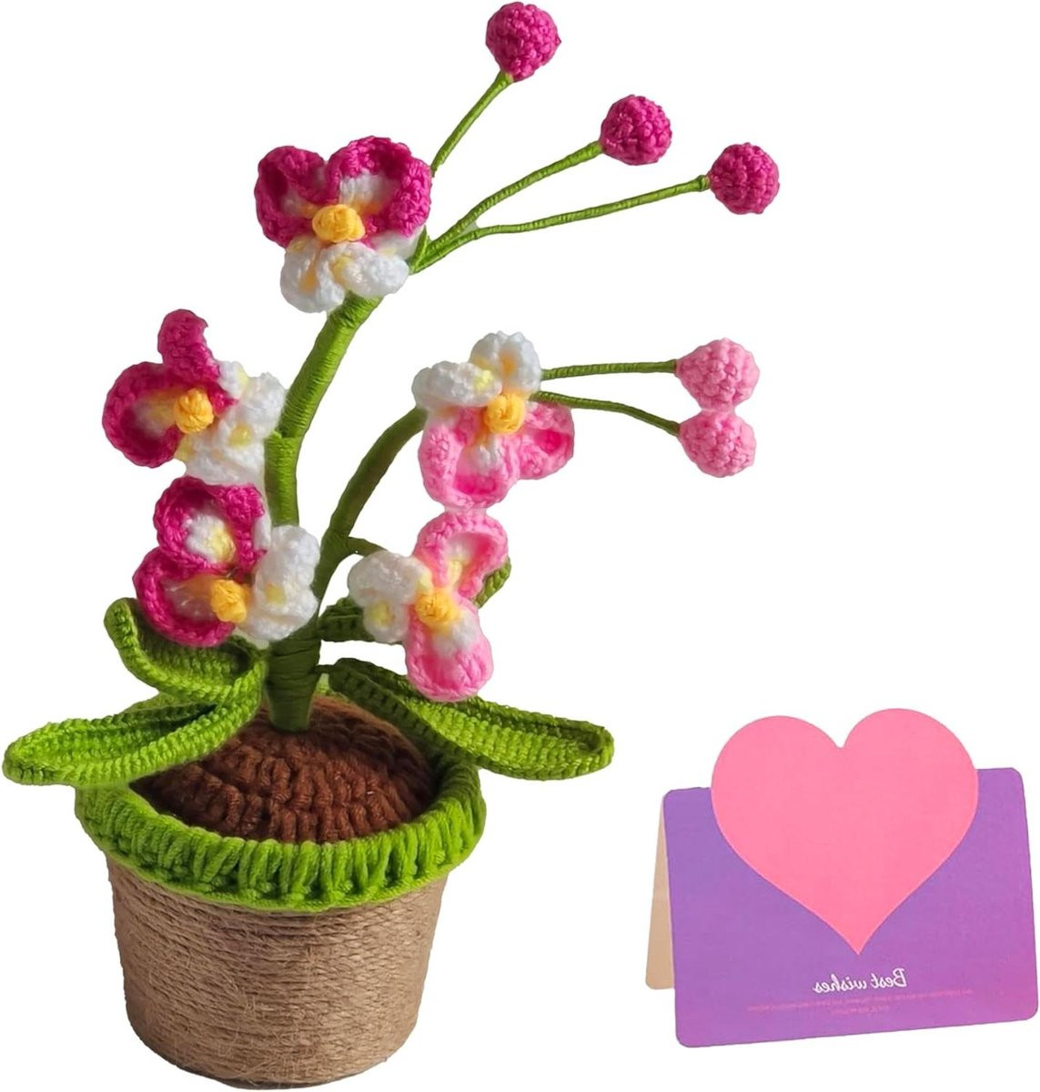 Handgemaakte gehaakte orchidee kunstbloem in roze - Decoratieve katoenen potplant - Hoogte: 24,9 cm