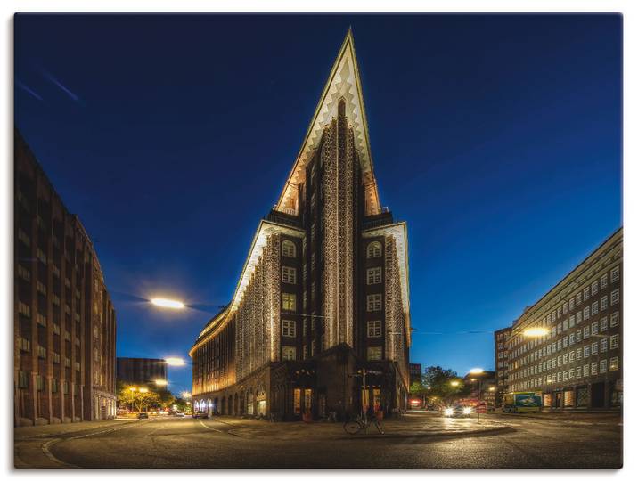Leinwandbild ARTLAND Hamburg Chilehaus , blau (farbe bild(er): blau), B:120cm H:90cm, Bilder, Leinwandbild, auf Holzrahmen gespannt