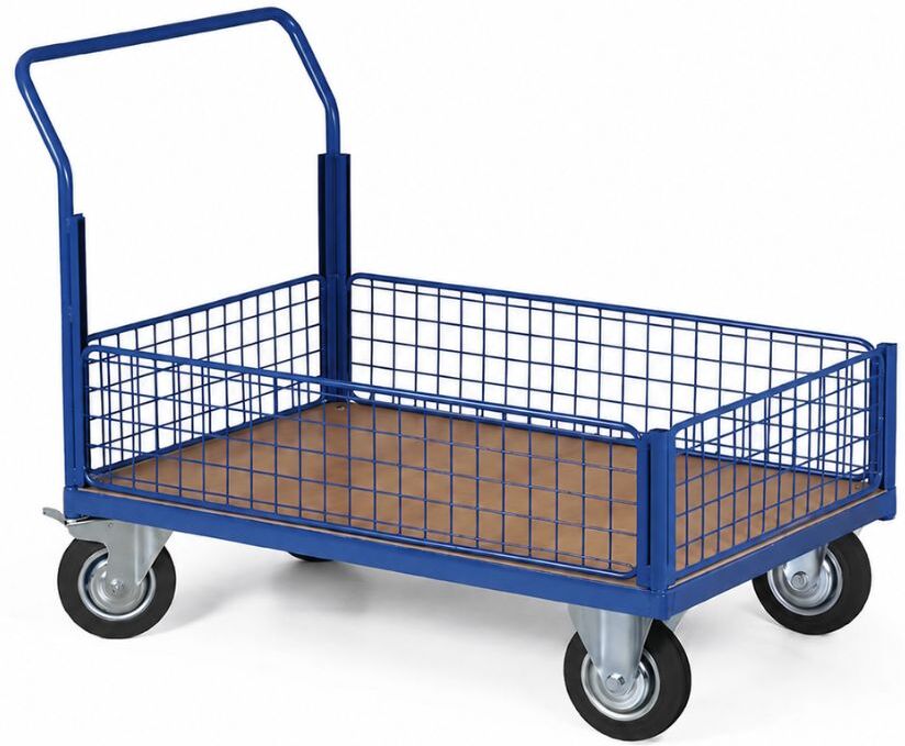 B2B Partner Plattformwagen mit 4 niedrigen Gitterwänden, 1000 x 700 mm, Tragfähigkeit 300 kg, Rollen 160 mm, schwarzer Gummi