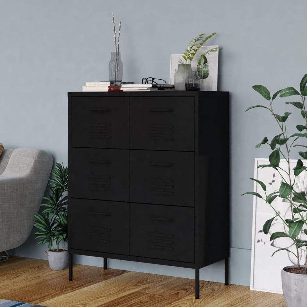 Moderne zwarte ladekast met stalen frame, Breedte: 80 cm