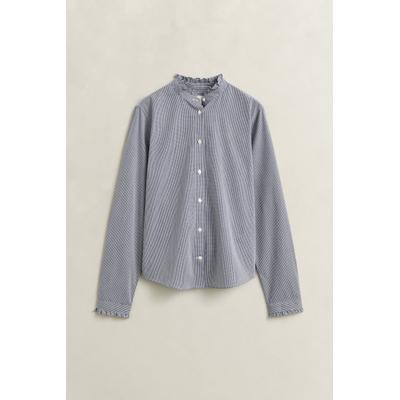Langarmbluse GANT "REGULAR CLASSIC POPLIN FRILL", Damen, Gr. 38, blau (classic blau), Web, Obermaterial: 100% Baumwolle, gestreift, regular fit, Manschette, Blusen, Kragen und Ärmelenden mit Rüschen, fein gestreift