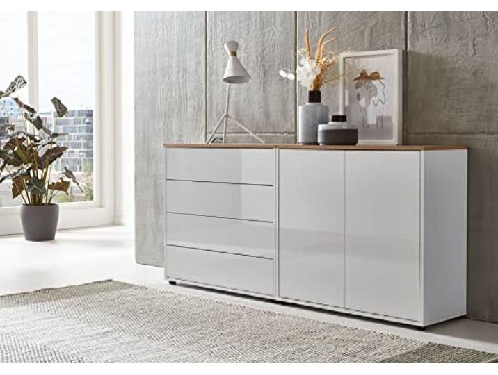 BMG Möbel Kommode Mailand Set 3 Artisan (in Weiß-Oberboden Artisan Eiche/Hochglanz Weiß), Schubladenkommode Anrichte Sideboard