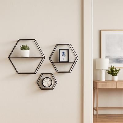 Sagebrook Home "Metal Hexagon Folding Wall Shelf Set - Black, 21/24/26"""