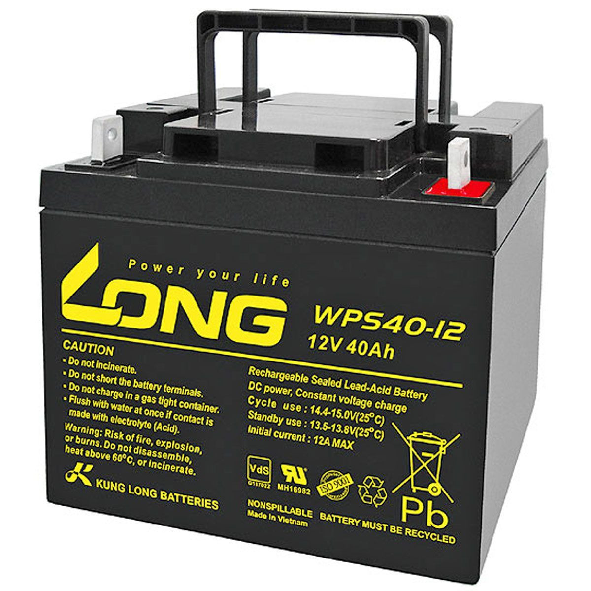 Kung Long WPS40-12 AGM loodaccu - 12V 40Ah - M6 vlakke polen