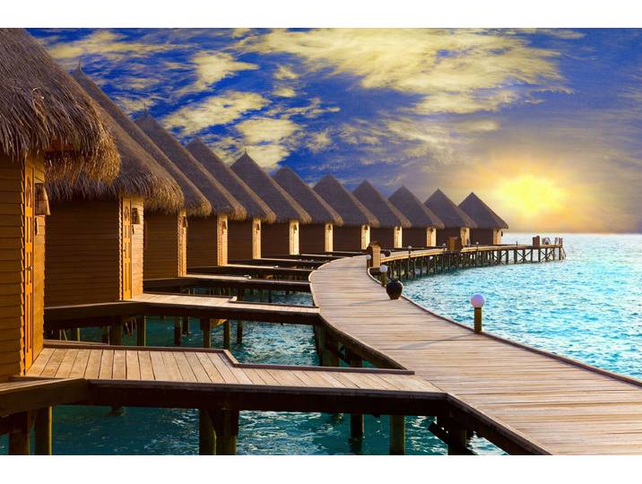 Fototapete PAPERMOON MALDIVEN-STEG MEER STRAND INSEL SONNE BRÜCKE WOLKEN SEE , bunt, B:2,5m L:1,86m, Vlies, Tapeten, Fototapete
