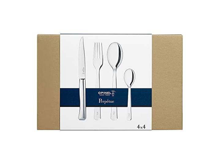 Opinel Tafelbesteck Set Perpétue aus pflegeleichtem Edelstahl, je vier Stück von Suppenlöffel, Messer, Gabel & Teelöffel, 16-teilig, spülmaschinenfest, 254614, Silber, 254615