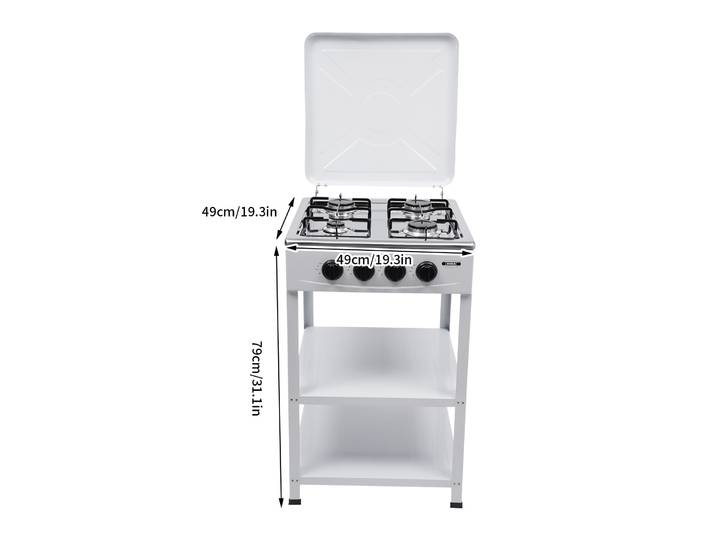 Réchaud à gaz de camping avec 4 brûleurs, quatre boutons rotatifs, contrôle indépendant, double étagère de rangement, réchaud à gaz portable 4 brûleurs