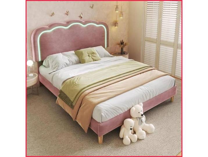 Bett Double LED 140x200cm - Tête Réglable Velours Rose - Cadre avec Lattenrost
