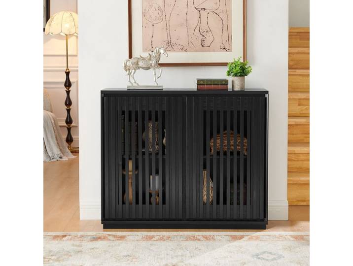 Buffet bas rainuré et ajouré avec 2 ouvertures pour câbles rangements MDF style mid-century Noir