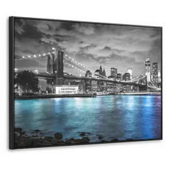 LEINWAND Bilder mit Rahmen - New York - Skyline - Stadt - Blau - 80x60