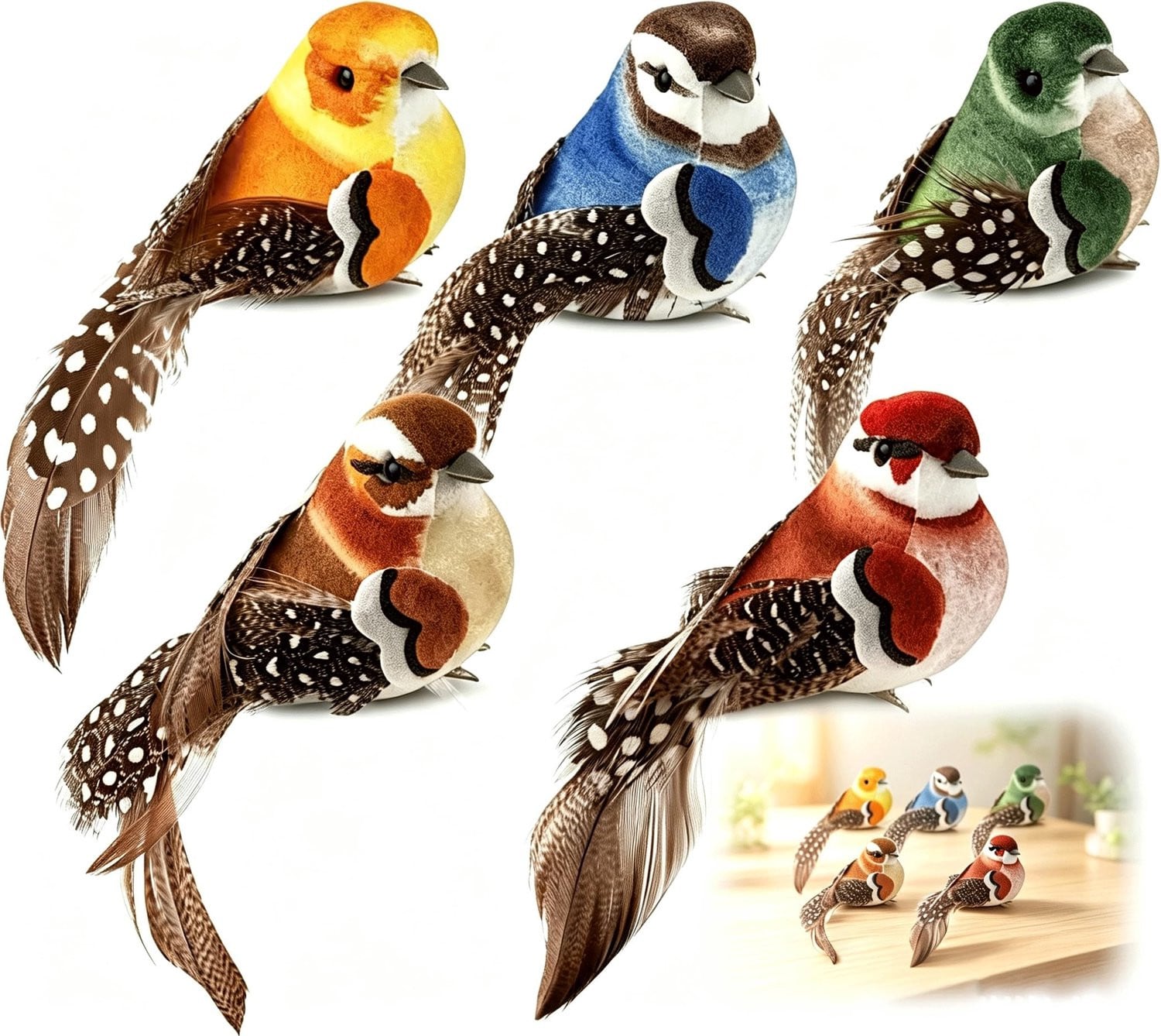 Set van 5 mini kunstmatige vogels voor decoratie