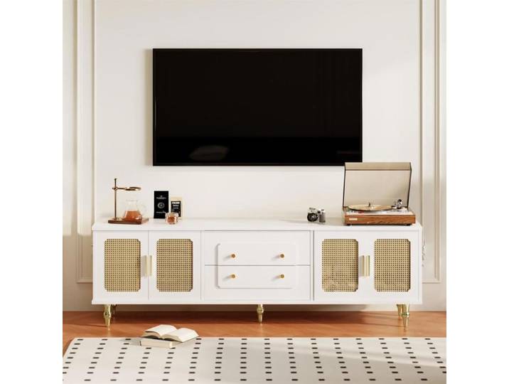 Meuble TV - Vintage - Blanc - Portes en rotin - Poignées dorées - Grand espace de rangement