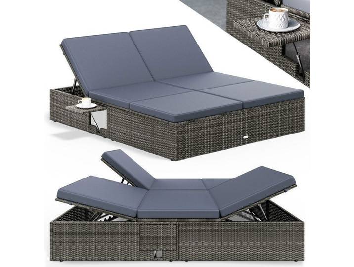 CASARIA Chaise longue XL gris anthracite extrémités réglables bain de soleil 2 places polyrotin chaise d'extérieur transat