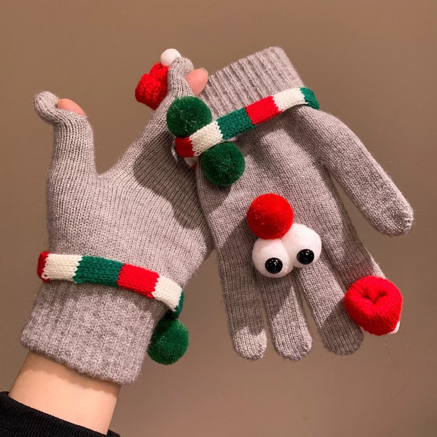 INF Weihnachtliche Strick-Plüschhandschuhe - Damen Winter Spaß Große Augen Winddichte Handschuhe Grau
