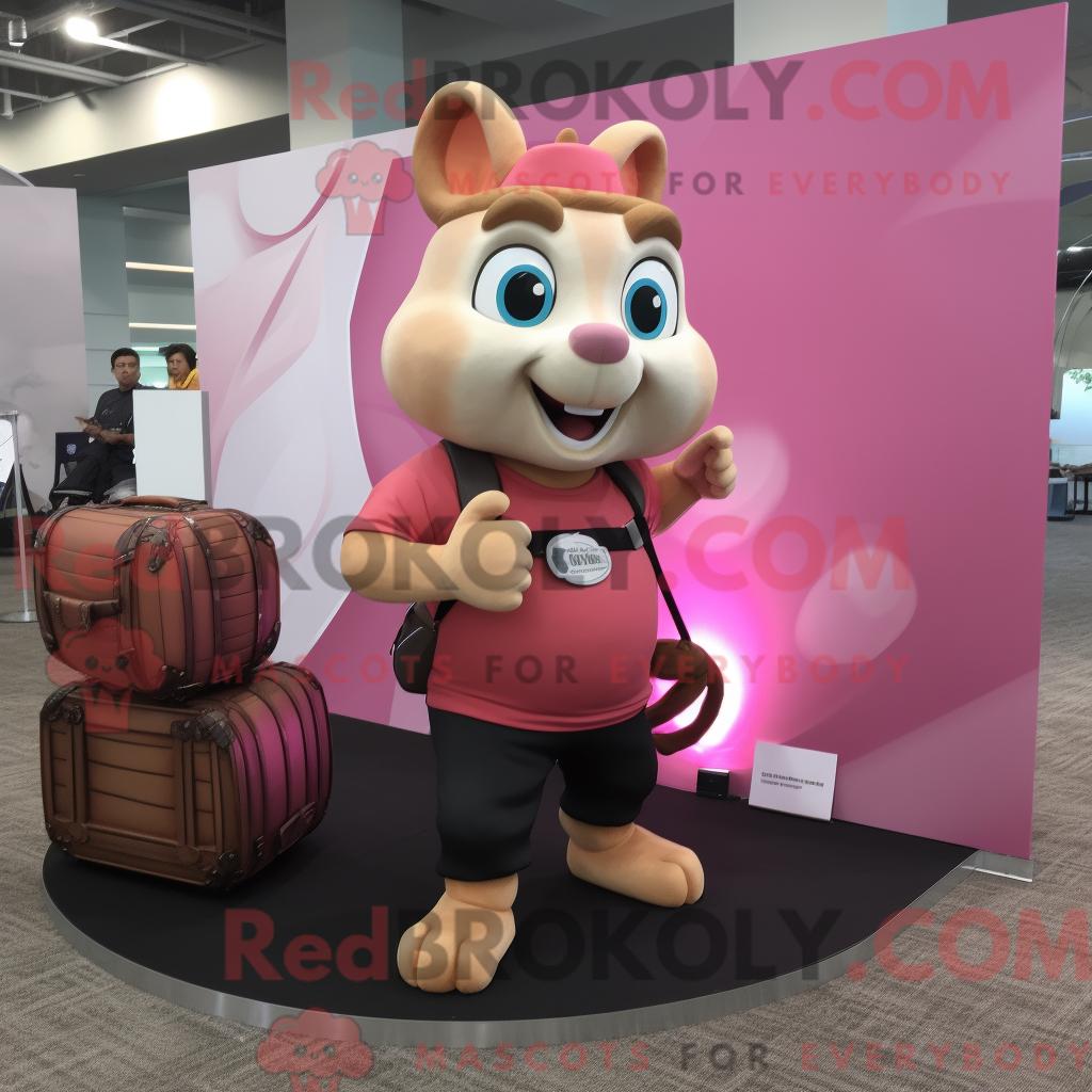 Maskottchen-Charakter REDBROKOLY eines rosa Streifenhörnchens mit Tanktop und Aktentasche