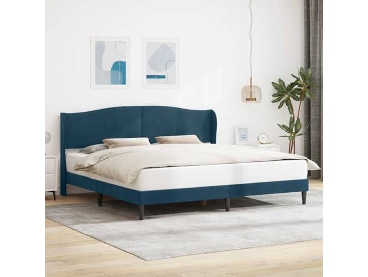 RJPLMFV Bettgestell, Blau, 200 x 200 cm, Kopfteil, Velours Lattenrost inklusive, schwarze Füße, modernes Design, einfache Reinigung